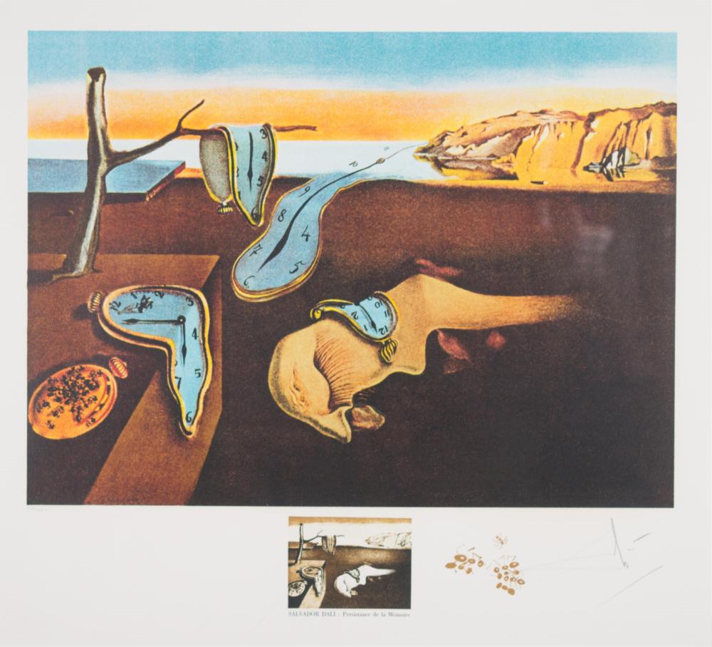 Surreal landscape print showing melting clock forms draped over rocks and a human figure, with orange cliffs and blue sky.