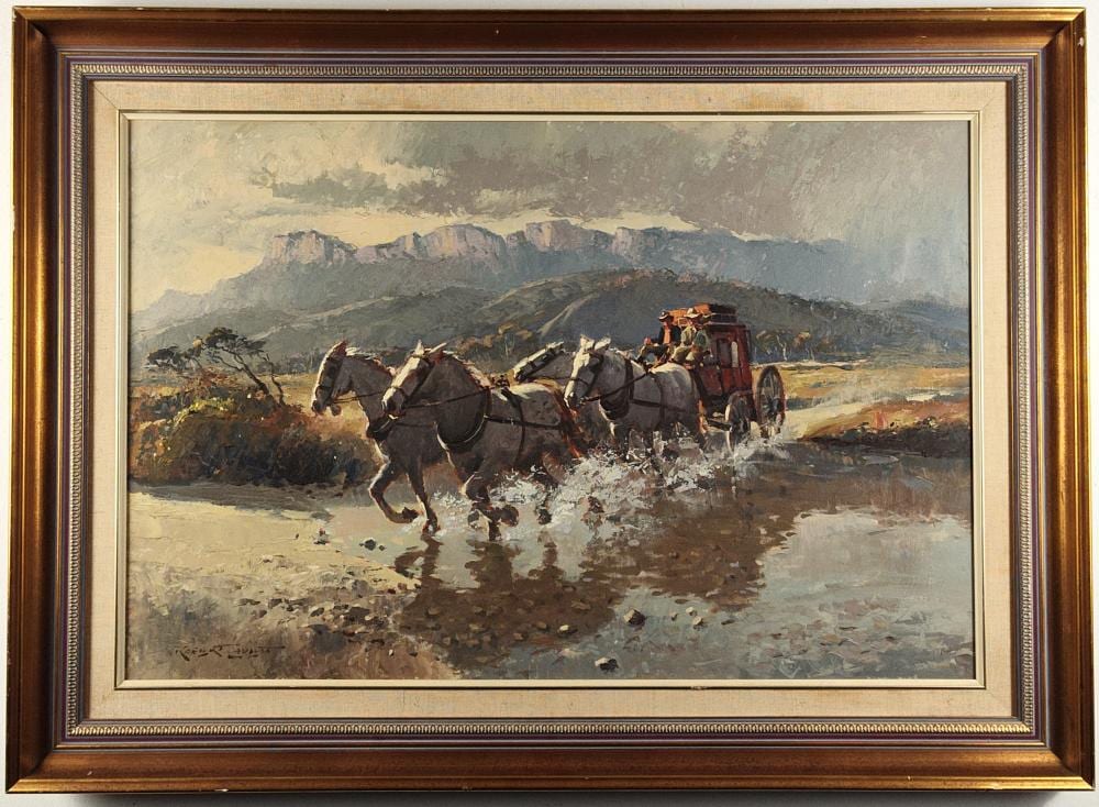 Robert Lovett comparable auction result: robert lovett lights of cobb and co coach superb large australian oil painting on canvas