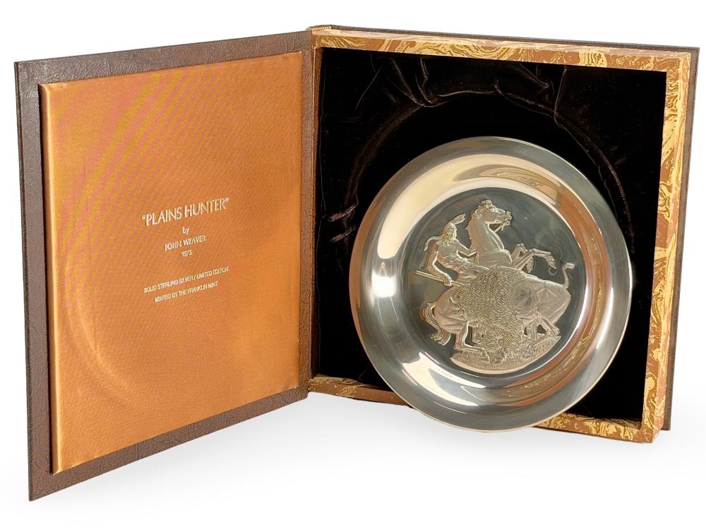 1973 John Weaver "Plains Hunter" Sterling Silver Franklin Mint Collector Plate w/ Box sold by Ace Of Estates, lot 989248 — auction record photograph