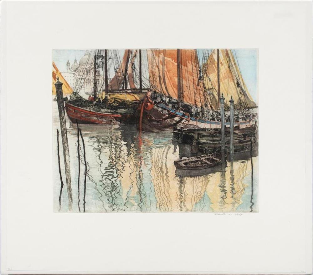 Franz Xaver Wolf comparable auction result: franz xaver wolf austrian 1896 1990 gondolas near st mark s basilica venice etching with aquatint pencil signed lower right
