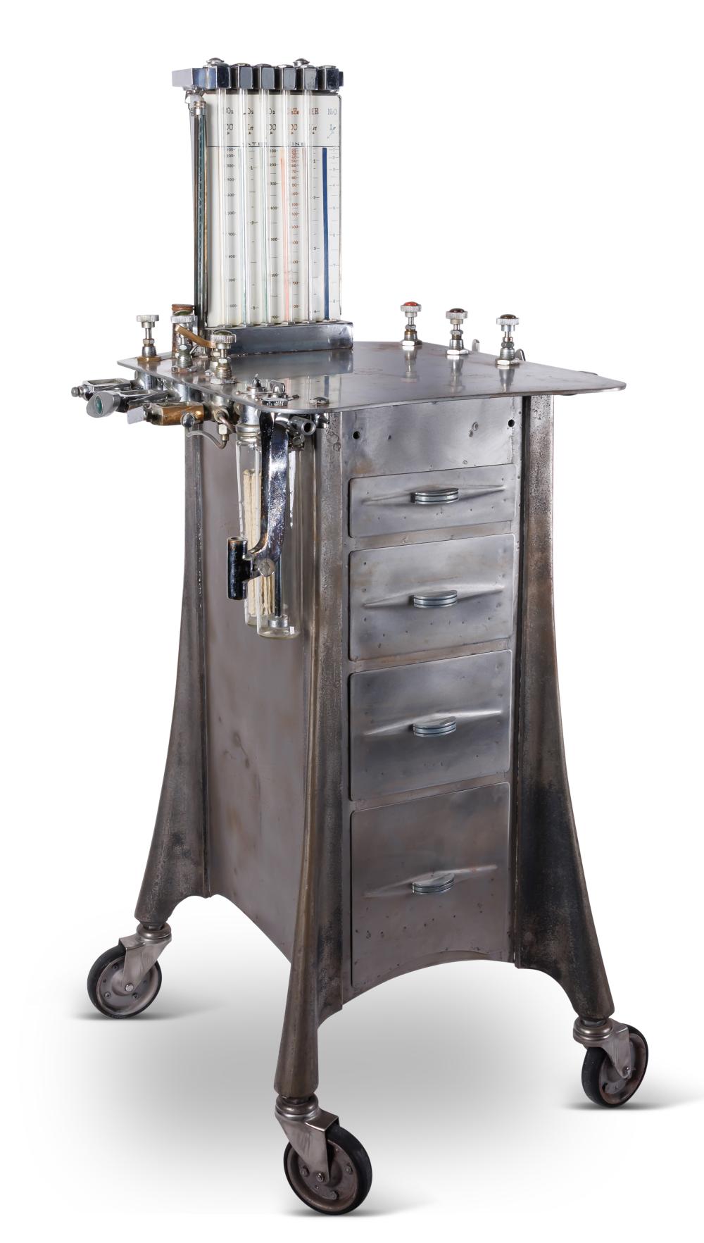 Art Deco Anesthesia Machine Cabinet by Foregger (New York, ca. 1935) 48 x 22 x 22 in. (121.9 x 55.9 x 55.9 cm.) sold by Bray & Co. Auctions, lot 203 — auction record photograph