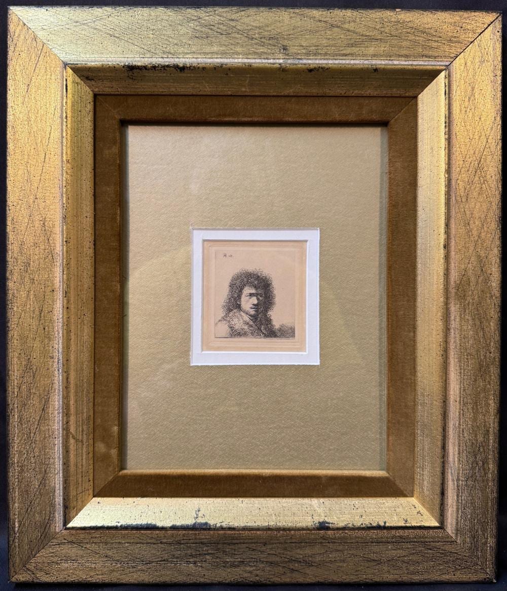 REMBRANDT VAN RIJN (1606-1669) ETCHING AND DRYPOINT TITLED SELF PORTRAIT WITH BUSHY HAIR, 12IN x 14IN (30.5cm x 35.6cm) sold by The Rug Life Auctions, lot 122 — auction record photograph