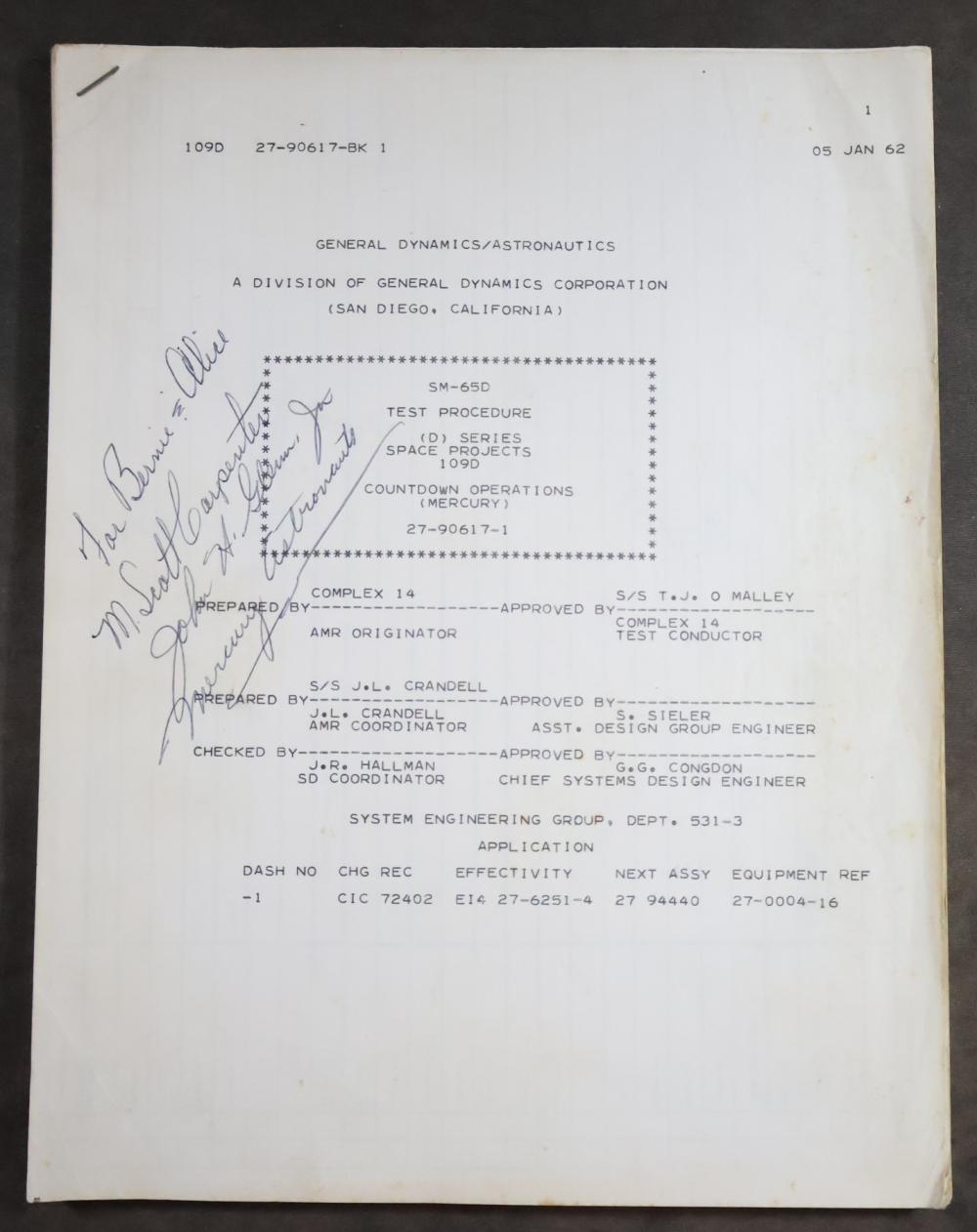 Mercury MA-6 Pre Flight Checklist Used Console Signe by Glenn & Carpenter sold by Bid Again Auctions with American Space Museum, lot 68 — auction record photograph