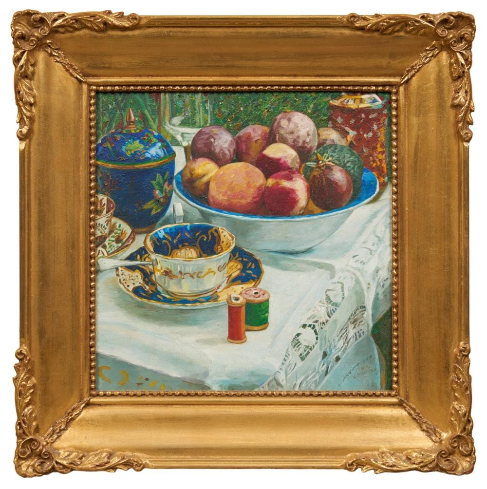 John Lennox comparable auction result: john lennox 1941 1996 a still life of fruit and porcelain on a table oil on canvas 29 5 x 29 5cm