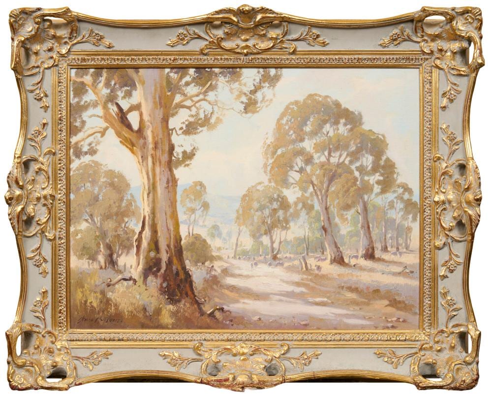 Frank Mutsaers comparable auction result: frank mutsaers 1920 2005 an australian landscape with sheep on a track oil on canvasboard 45 x 60cm