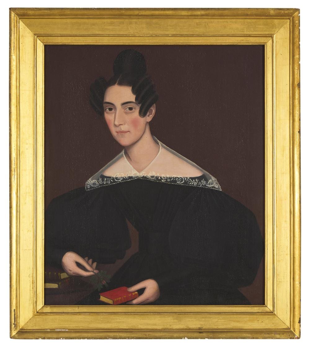 Ammi Phillips comparable auction result: ammi phillips 1788 1865 a portrait of a young woman possibly hanna mills raymond 1815 1837 of kent connecticut
