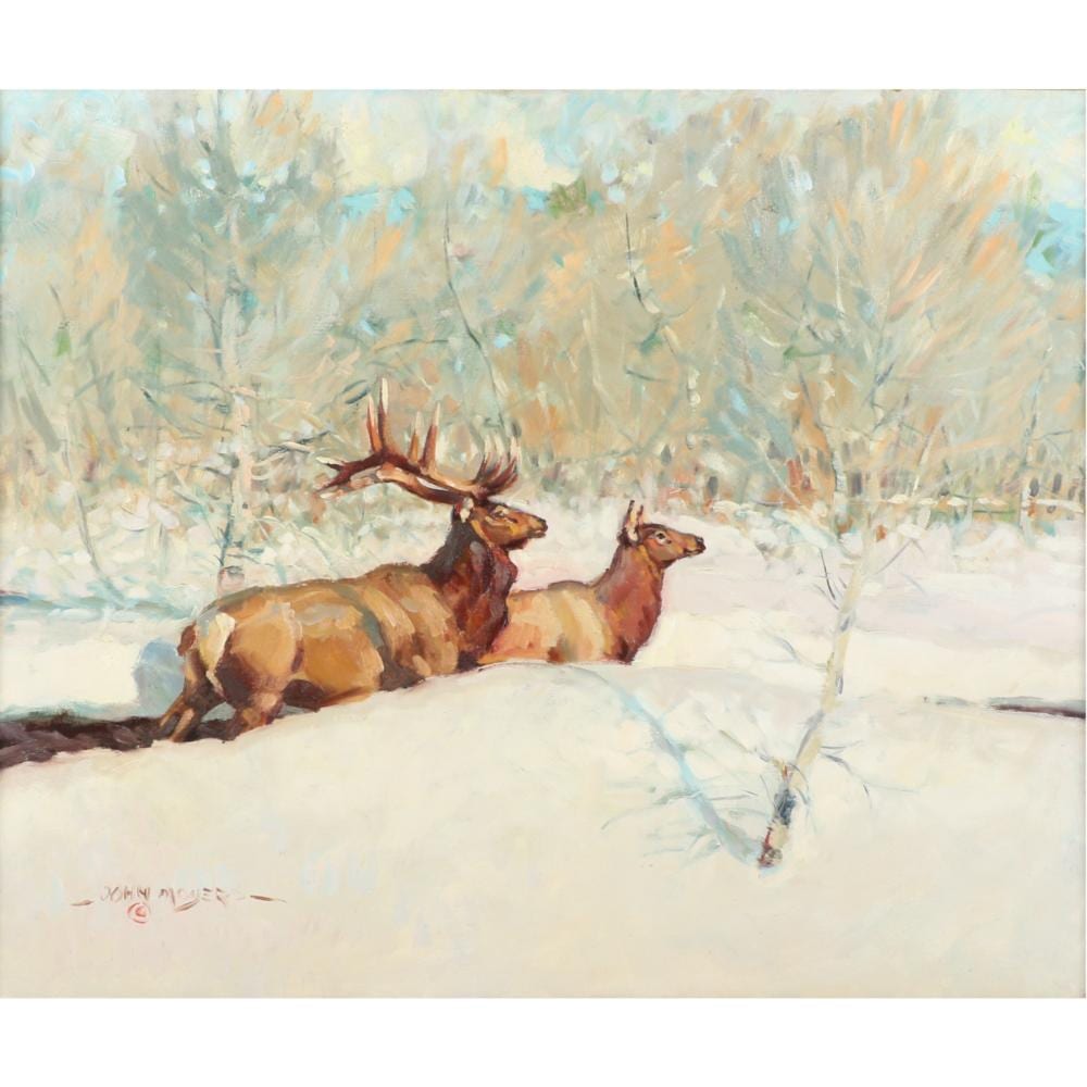 John Moyers comparable auction result: john moyers american b 1958 chama elk oil on board 20 h x 24 w board 29 h x 33 w frame