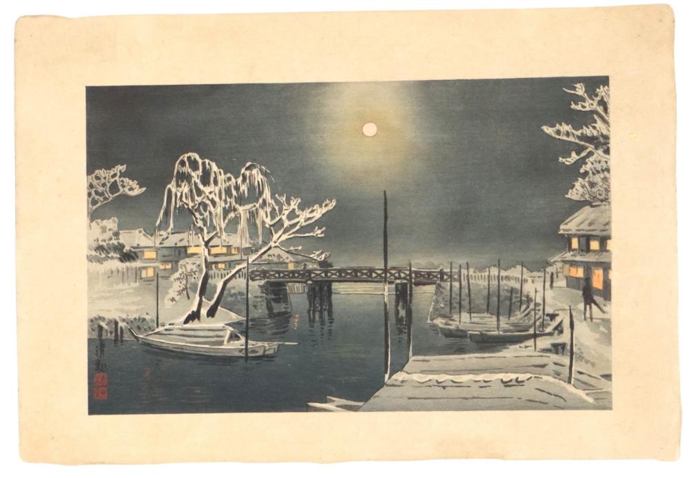 Kiyochika Kobayashi comparable auction result: kobayashi kiyochika 1847 1915 woodblock print clear moon over imado bridge asakusa in snow