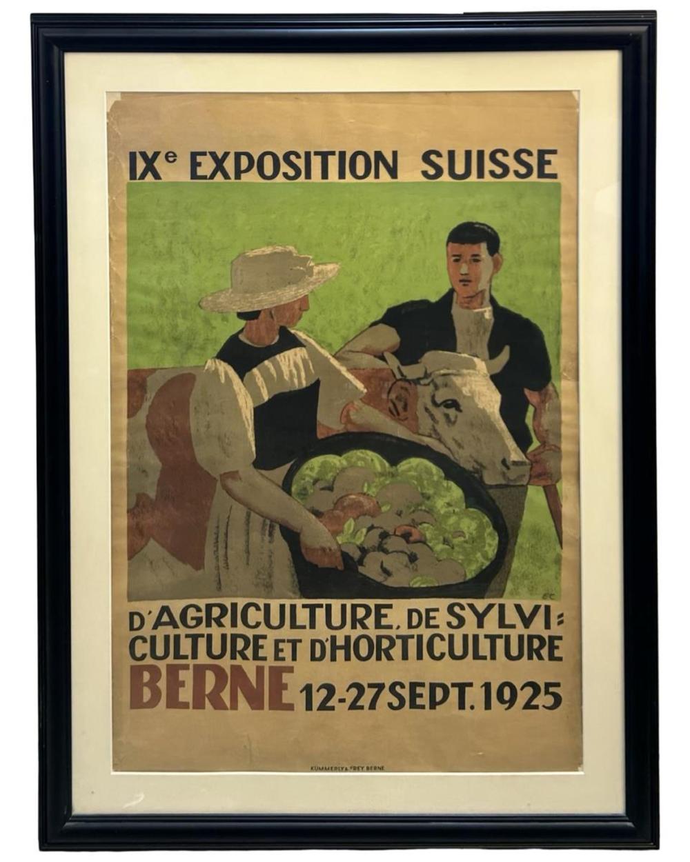 Framed vintage poster with two people holding a plow and a large steer, over a green background; text at top and bottom reads “IXe EXPOSITION SUISSE.”