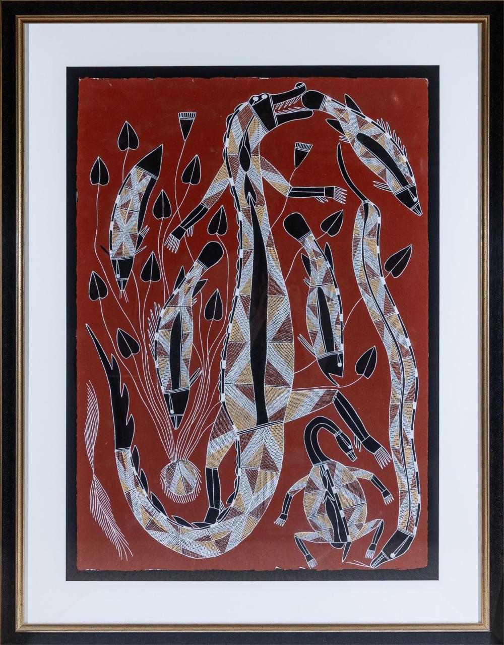 djawida nadjongorle nt crocodile dreaming natural earth pigments on arches rives paper 105 x 75cm frame size 139 x 108cm · Lawsons · 2025-11-09 Djawida Nadjongorle comparable auction result: djawida nadjongorle nt crocodile dreaming natural earth pigments on arches rives paper 105 x 75cm frame size 139 x 108cm