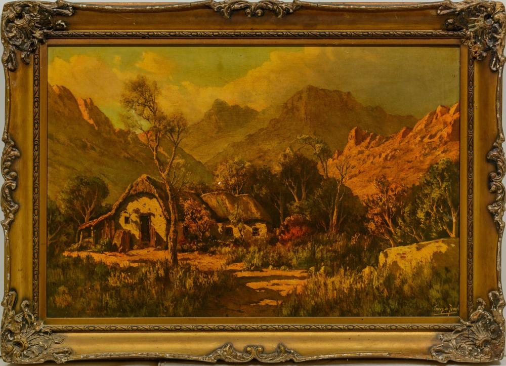 tinus de jongh sa 1885 1942 oleograph cape dutch cottage in a mountain landscape signed in the plate 55 x 83 · 5th Avenue Auctioneers · 2025-11-02 Tinus de Jongh comparable auction result: tinus de jongh sa 1885 1942 oleograph cape dutch cottage in a mountain landscape signed in the plate 55 x 83