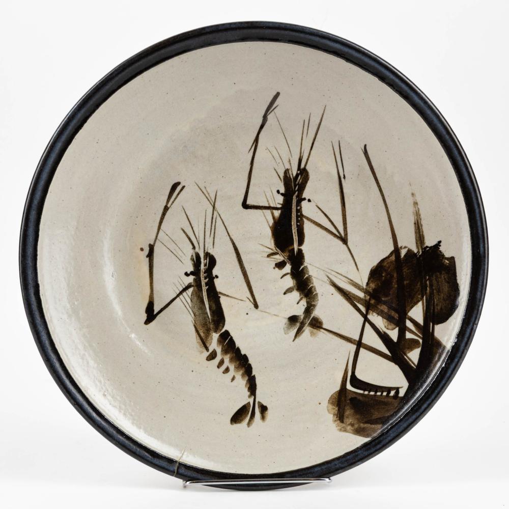 Wayne G. Ngan comparable auction result: wayne ngan canadian 1937 2020 large glazed stoneware platter with painted shrimp design