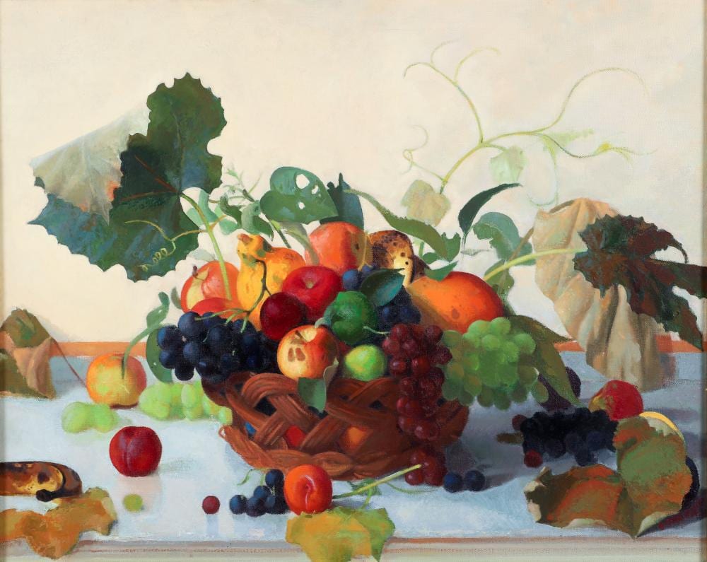 Thomas Cornell comparable auction result: thomas cornell 1982 oil still life with grape leaves