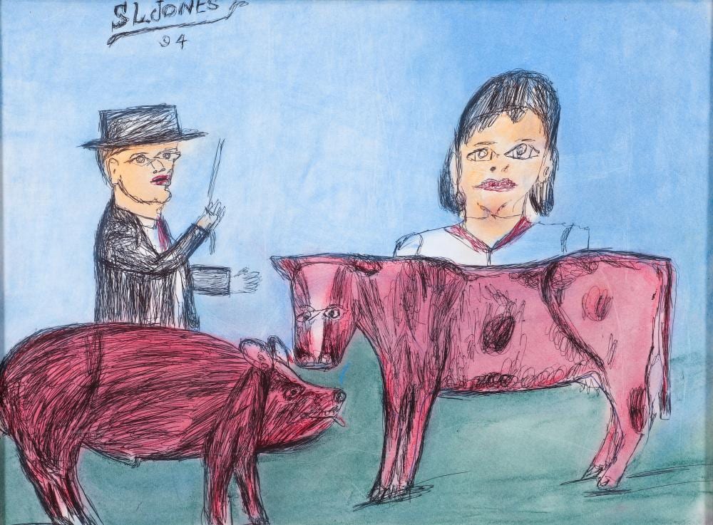 Shields Landon Jones comparable auction result: shields landon jones 1994 watercolor drawing man and woman with cow and pig