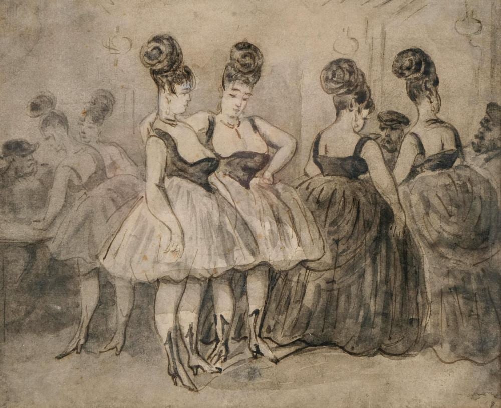 Constantin Guys comparable auction result: constantin guys le cabaret ink and wash drawing of parisian grisettes 19th c