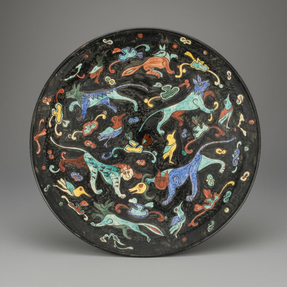 Edmond Lachenal comparable auction result: edmond lachenal signed polychrome glazed earthenware charger with stylized animals