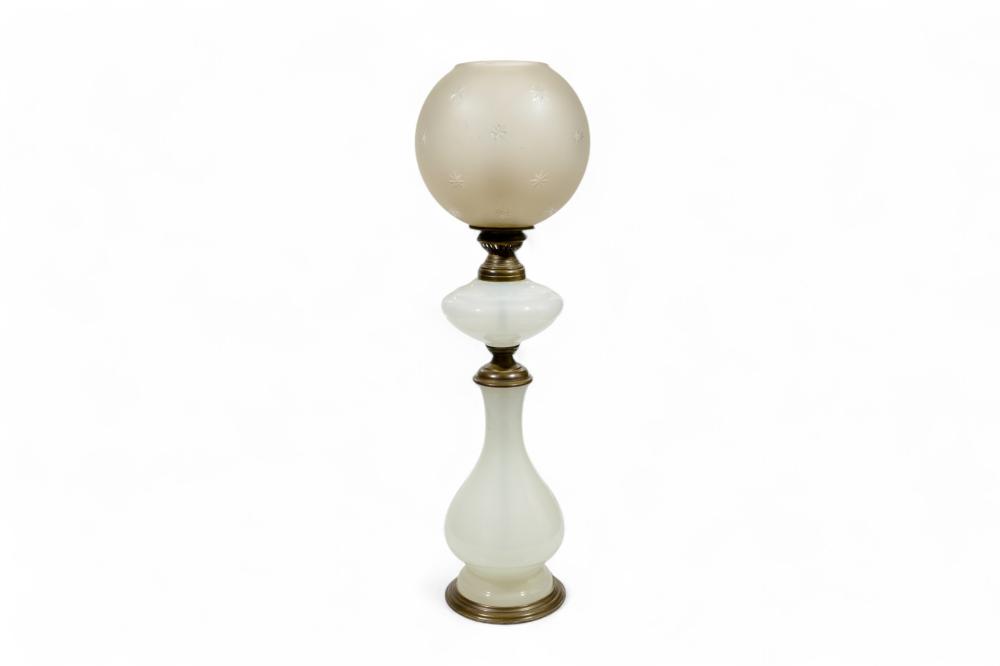 Auction comp thumbnail for A Victorian Style Frosted Glass Banquet Oil Lamp (converted to electric) with Etched Starbursts, 64cm (5th Avenue Auctioneers, Lot 659)