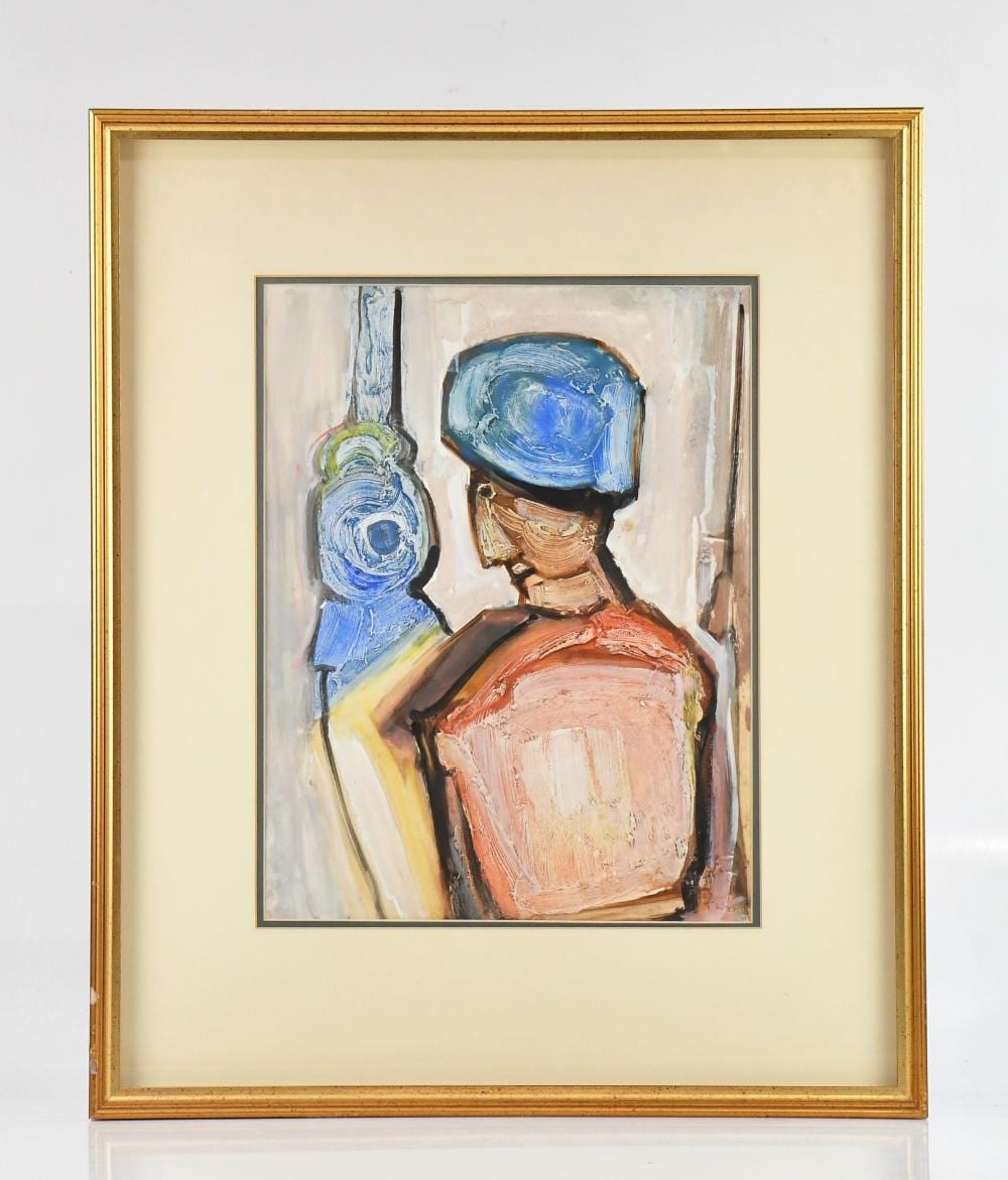 Tadeusz Was comparable auction result: tadeusz was polish 1912 2005 oil on paper abstract study of figure signed lower right 44 x 33cm framed and glazed