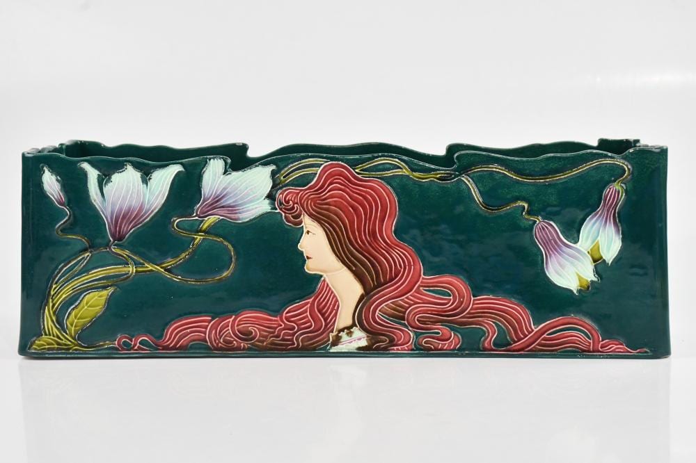 Gyula Dreszler comparable auction result: julius dressler biela a large art nouveau austrian planter of rectangular form with tube lined decoration of a maiden length 43cm