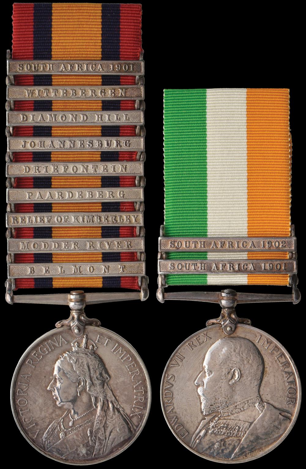 A Superb and Rare Officer’s 9-Clasp Q.S.A. & K.S.A Pair awarded to Lieutenant ‘Archie’ Vice, Field Intelligence Department, late Damant’s Horse and Rimington’s Guides, who was mentioned for ‘gallant conduct’ at Retief’s Nek, and was later described b sold by Morton & Eden, lot 171 — auction record photograph