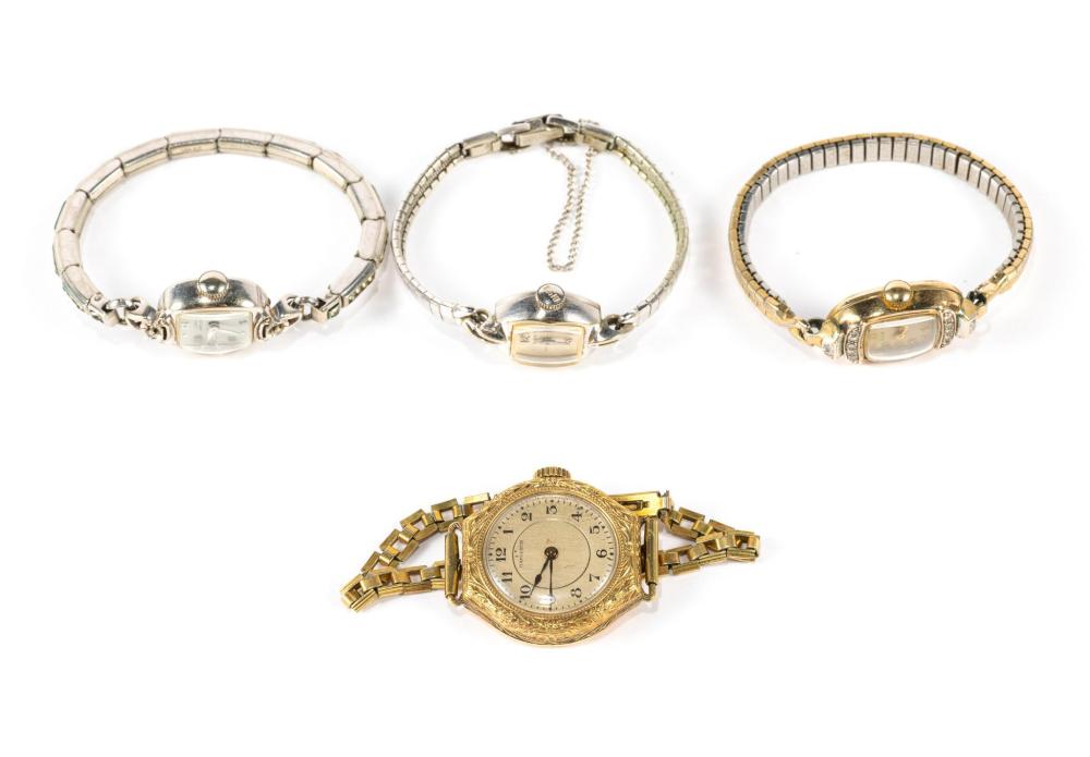 FOUR ANTIQUE CORD WATCHES, HAMILTON AND ELGIN, ONE 14K GOLD sold by Cordier Auctions, lot 165 — auction record photograph