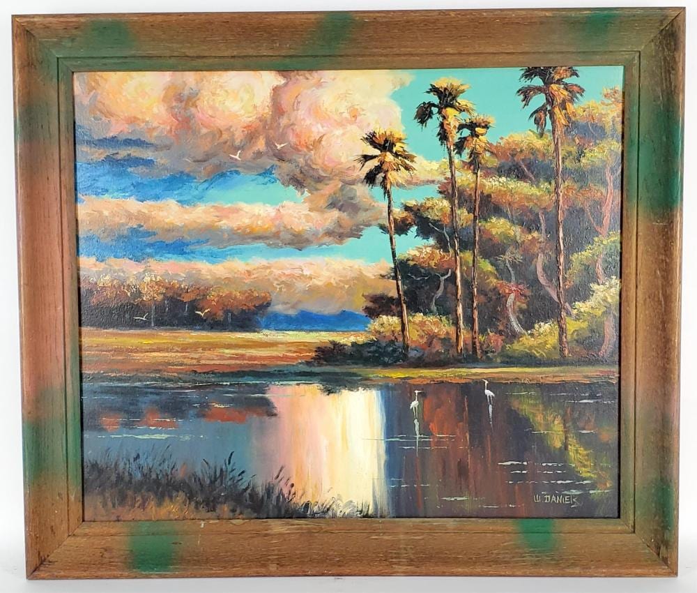 Willie Daniels comparable auction result: willie daniels florida highwaymen 1950 2021 backwater landscape signed lower right oil on canvas 20 x 24 framed 24 x 28
