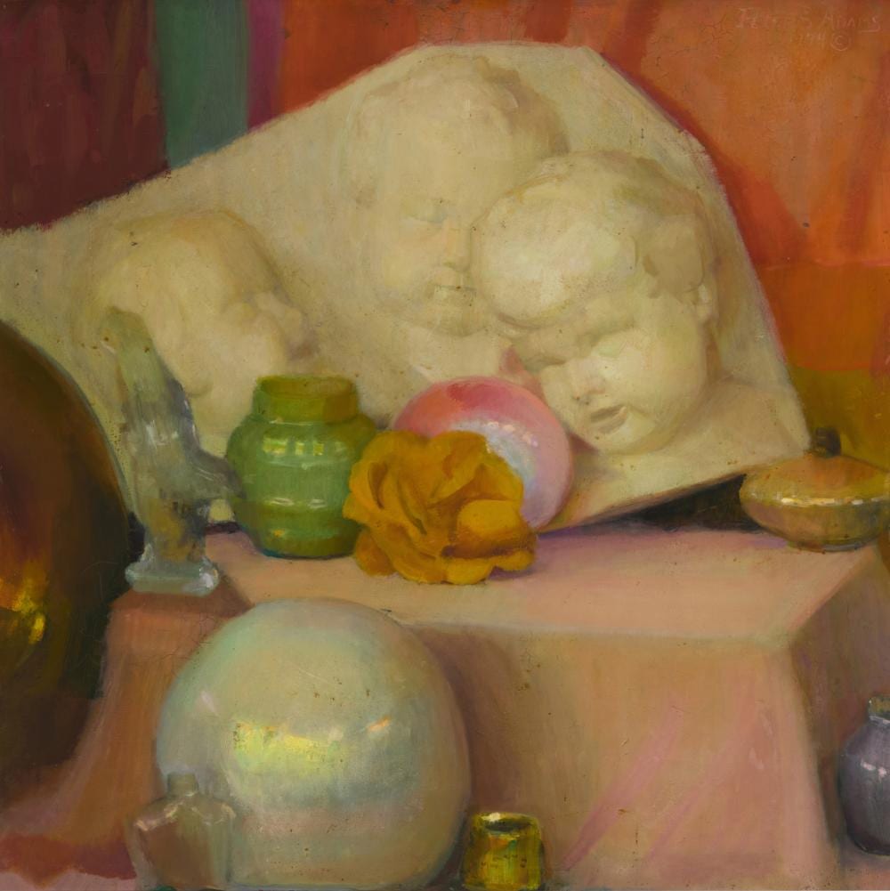 Peter Adams comparable auction result: peter adams b 1950 still life of a marble relief surrounded by ceramic and glass objects 1974