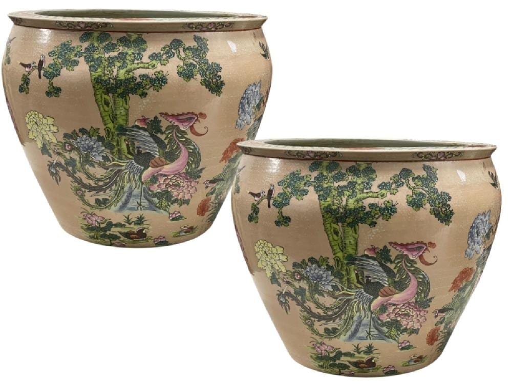 Pair of beige Chinese-style ceramic fishbowl planters with painted phoenix and koi fish, featuring green leafy vines and a wide rim.