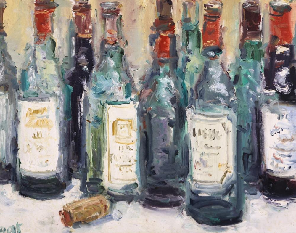 Duane Alt comparable auction result: duane alt wine bottles and cork oil on canvas