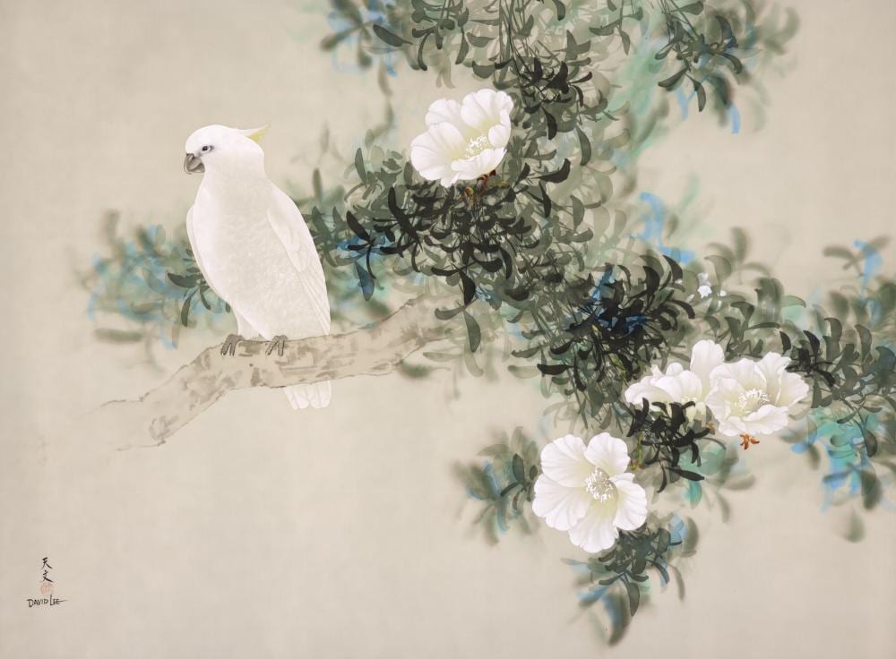David Lee comparable auction result: david lee white parrot and flowers watercolor on silk