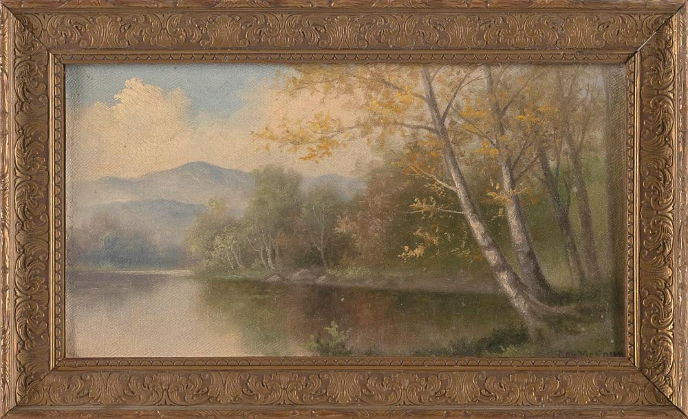 George McConnell comparable auction result: george mcconnell maine ohio 1852 1929 new england landscape with lake and mountains oil on unstretched canvas 5 x 9 framed 7 x 10 5