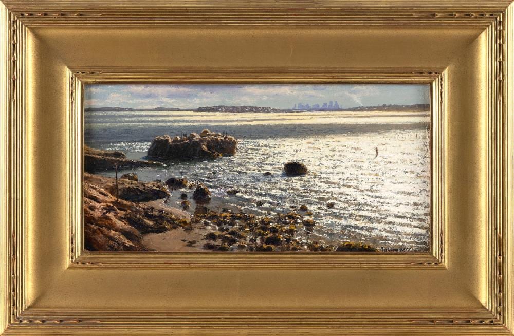 Joseph McGurl comparable auction result: joseph mcgurl massachusetts 1958 light on the water oil on panel 8 x 16 framed 15 x 23