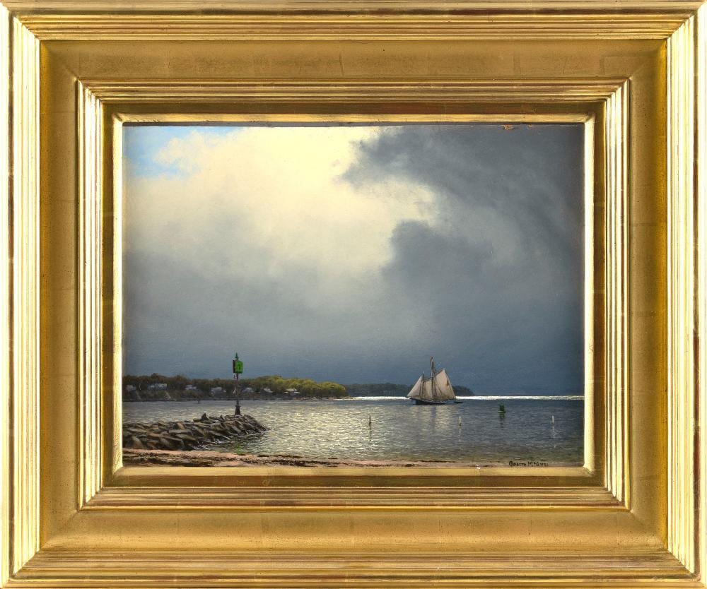 Joseph McGurl comparable auction result: joseph mcgurl massachusetts 1958 storm front oil on panel 12 x 16 framed 20 x 24