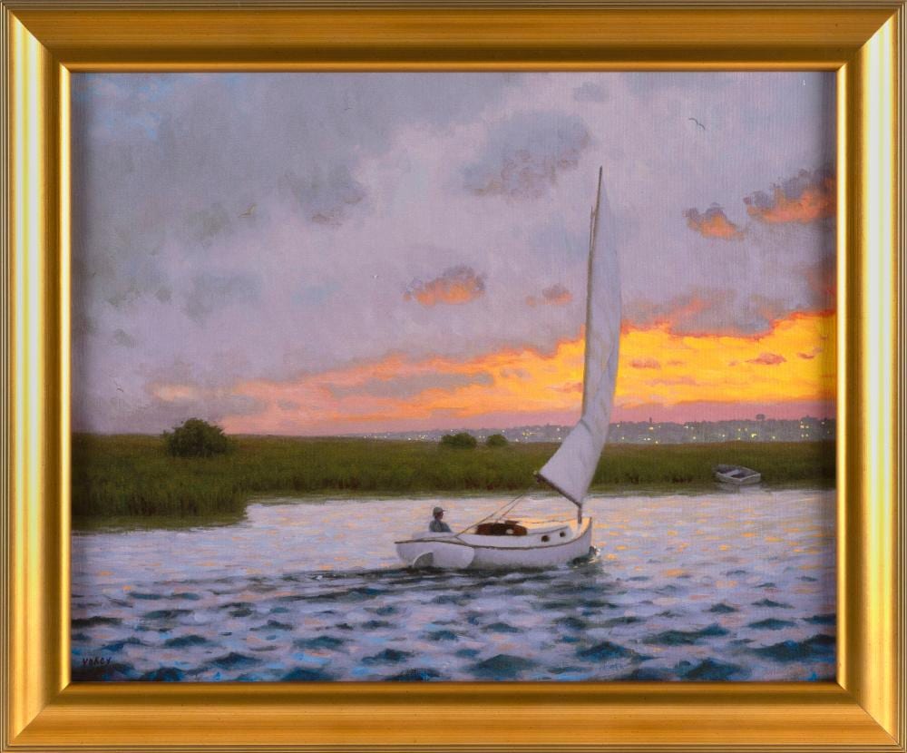 Sam Vokey comparable auction result: sam vokey massachusetts 1963 catboat sailing at sunset oil on canvas 18 x 24 framed 23 x 28