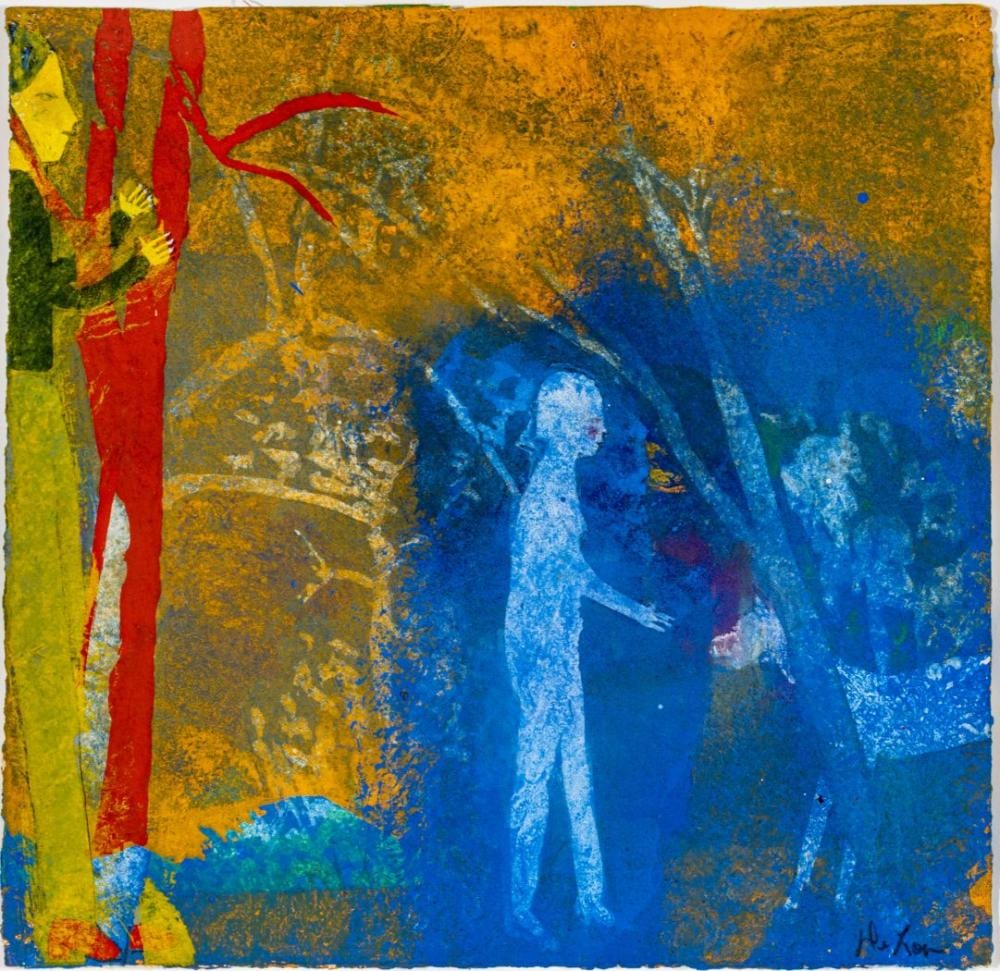 DeLoss McGraw comparable auction result: deloss mcgraw american b 1945 gouache on paper searching for chant d auvergine searching for a unicorn h 9 25 w 9 25 frame size h 13 w 13