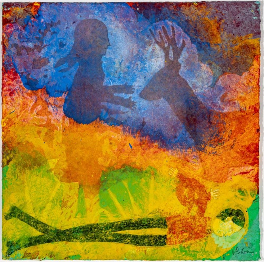 DeLoss McGraw comparable auction result: deloss mcgraw american b 1945 gouache on paper searching for brasileiras 5 from searching for a unicorn series h 9 25 w 9 25 frame size h 13 w 13