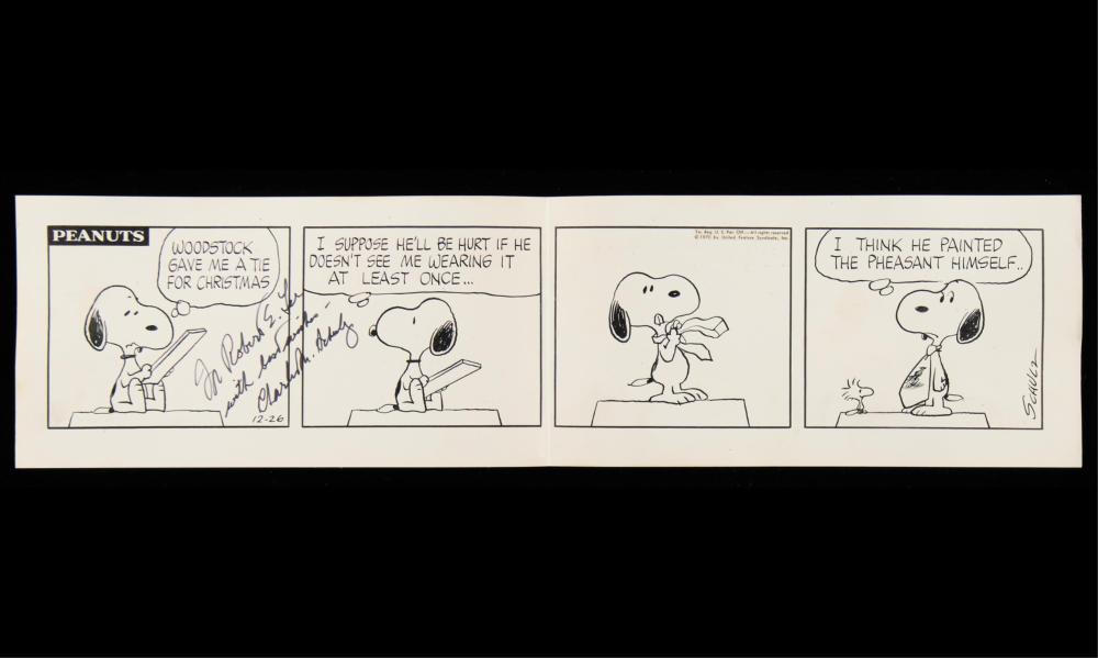 Four-panel Peanuts comic strip drawing showing Snoopy at a desk with handwritten dialogue boxes across the top.