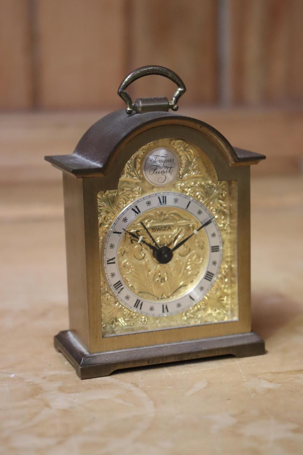 Vintage miniature Tempus Fugoile Swiza Clock (not working), approx 9cm H x 7cm W sold by Vickers & Hoad, lot 2200 — auction record photograph