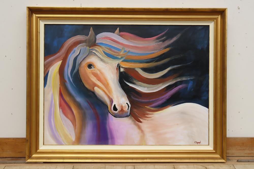 Greg Lipman comparable auction result: greg lipman horse with rainbow mane oil on canvas approx 109cm x 79cm