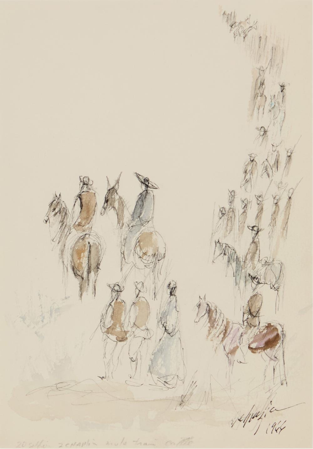 Ted De Grazia comparable auction result: ted de grazia 1909 1982 20 soldiers 2 chaplin mule train battle 1966