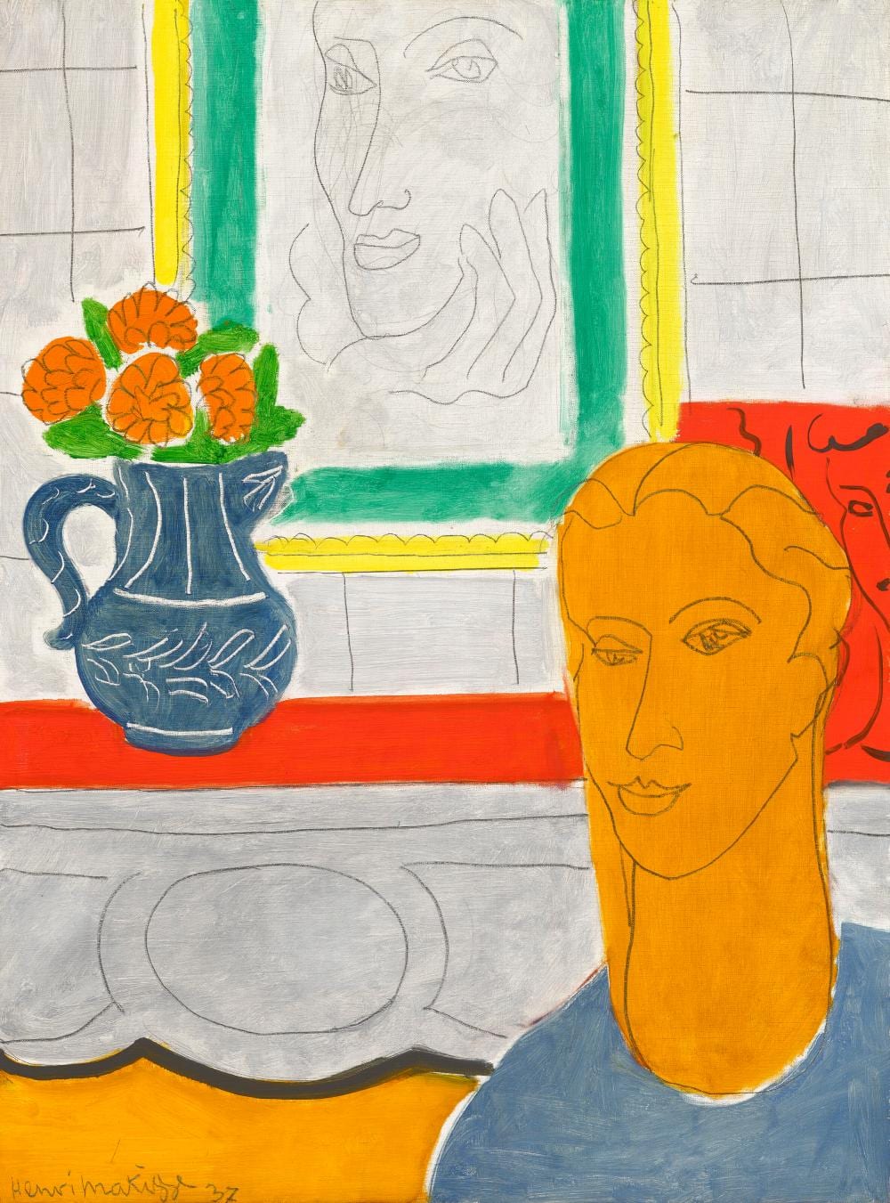 Henri Matisse (1869-1954). Figure et bouquet (Tête ocre). oil and Conté cra comparable sale