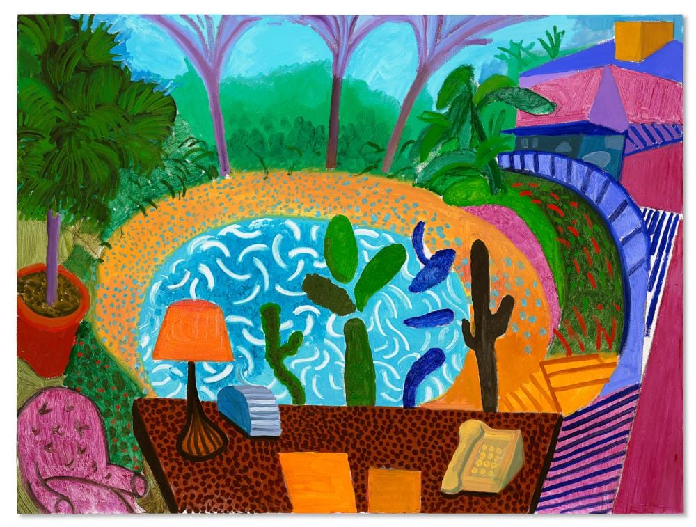 David Hockney (B. 1937). My Garden in Los Angeles, London, July 2000. oil o comparable sale