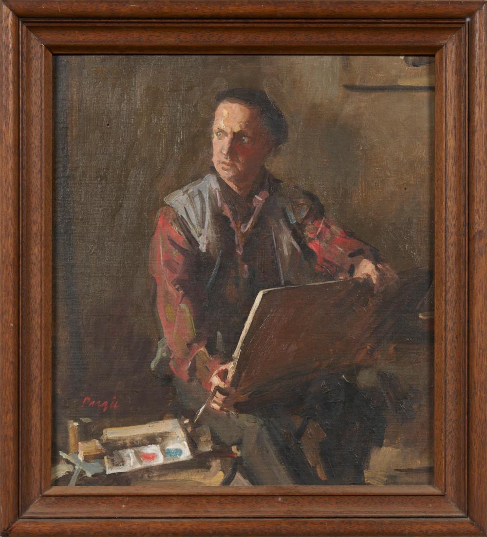 William Dargie comparable auction result: william dargie 1912 2003 a portrait of john loxton seated with a sketchpad oil on canvasboard 36 x 31 5cm