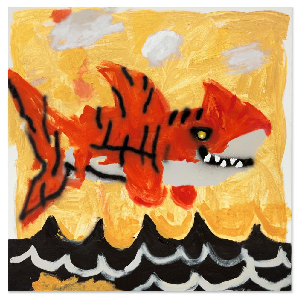Robert Nava comparable auction result: robert nava b 1985 tiger shark acrylic spray paint and grease pencil