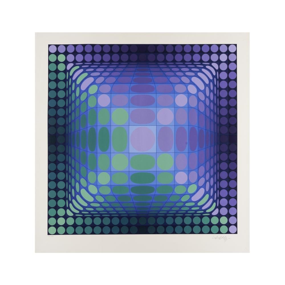 VICTOR VASARELY (1906-1997) Zuska, 1987 (Benavides,1030)Sérigraphie en couleurs Signée et justifiée F.V. 2/30 (en dehors de l'édition à 300 exemplaires numérotés) Editée par Circle Art Gallery/Silium, Paris7... sold by Bonhams, lot 181 — auction record photograph