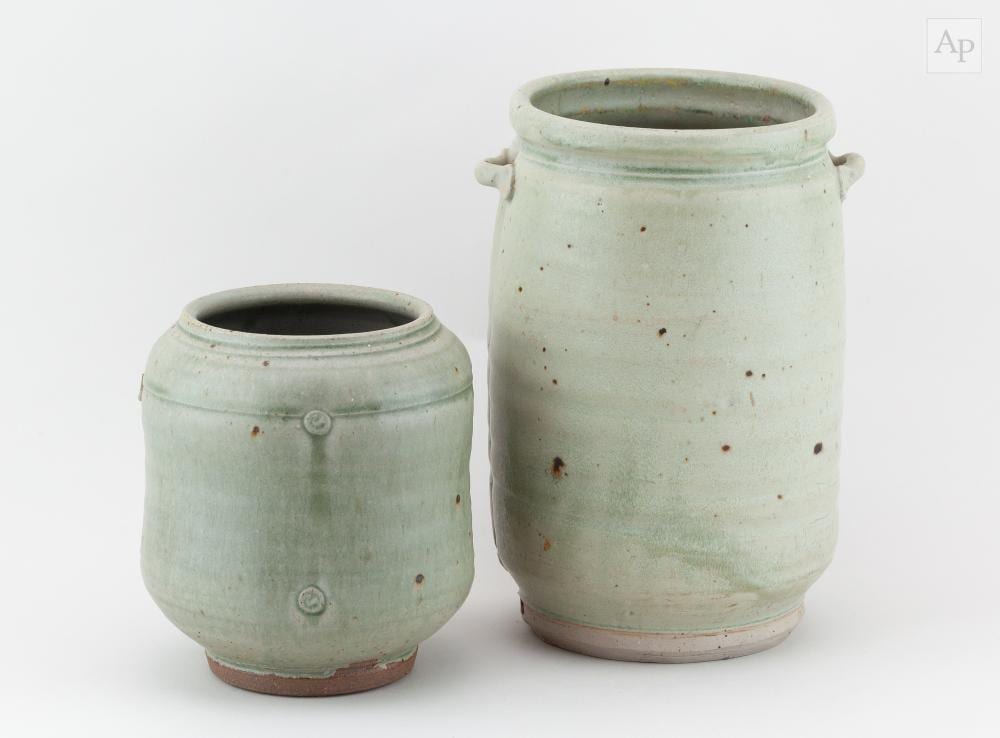 Arthur Griffiths comparable auction result: arthur griffiths 1928 2016 a stoneware twin handled vessel covered in green ash glaze impressed ag mark height 25 5cm and a matching smaller example 2