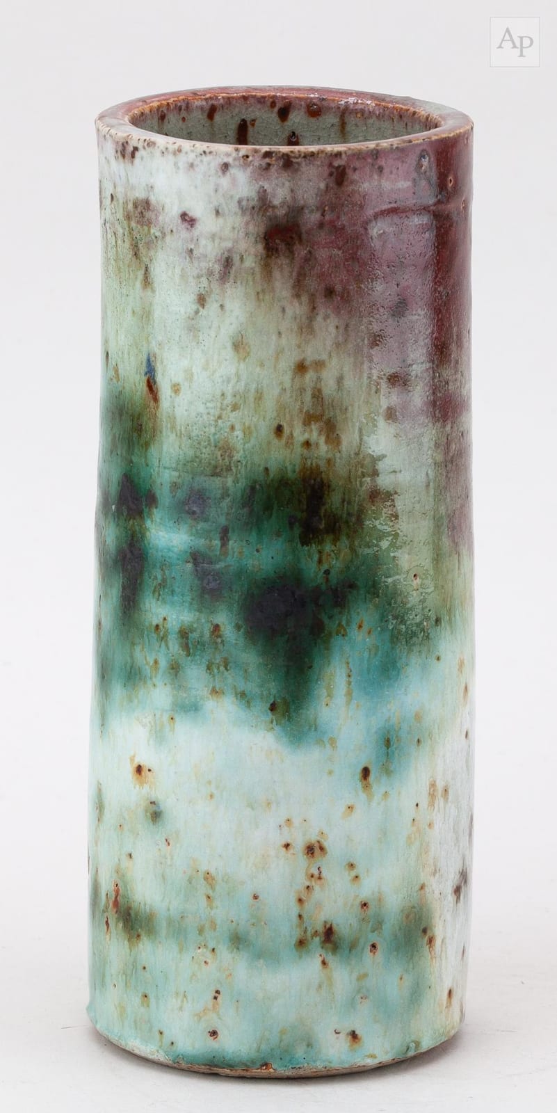 Derek Davis comparable auction result: derek davis 1926 2008 a cylindrical stoneware vessel covered in copper red and green glaze painted signature height 23 5cm