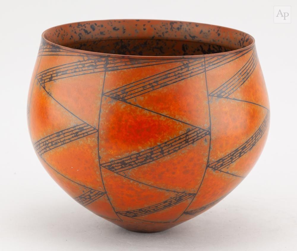 Duncan Ross comparable auction result: duncan ross born 1943 a large smoke fired vessel covered in burnished terra sigillata slip with inlaid geometric decoration incised dr mark diameter 23cm height 18 5cm