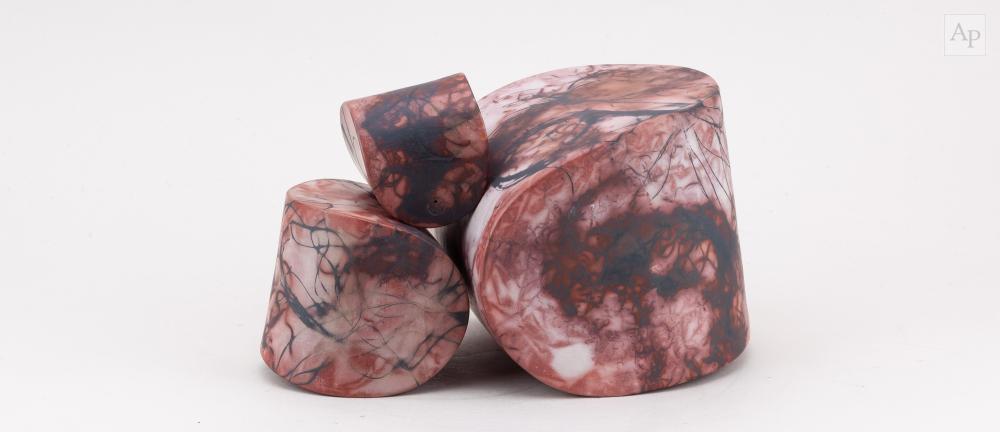 Eric Moss comparable auction result: eric moss born 1959 waveform family a posable trio of raku sculptures ferric saggar fired impressed marks tallest 13cm 3