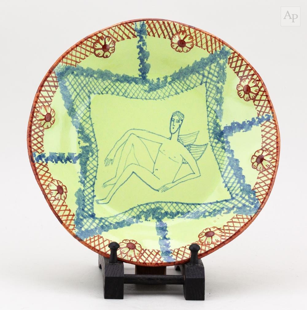 Hylton Nel comparable auction result: hylton nel born 1941 a tin glazed earthenware dish depicting a stylised male nude with wings painted hn mark diameter 26cm